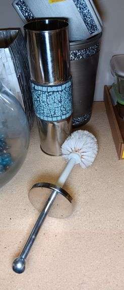 Blue Stone and Stainless Steel Bathroom Accessories: Toilet Brush Holder, Trash Can, and Kleenex Cover