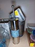 Blue Stone and Stainless Steel Bathroom Accessories: Toilet Brush Holder, Trash Can, and Kleenex Cover