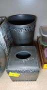 Blue Stone and Stainless Steel Bathroom Accessories: Toilet Brush Holder, Trash Can, and Kleenex Cover