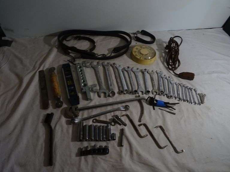 Assorted opened ended wrenches vintage clock green window roller