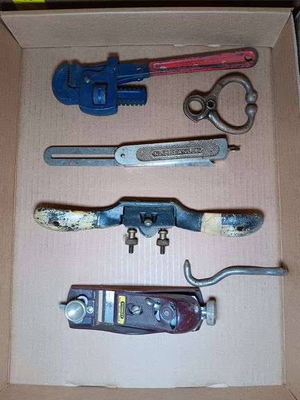 Stanley Wood Plane, Cabinet Scraper, Pipe Wrench and Other Items