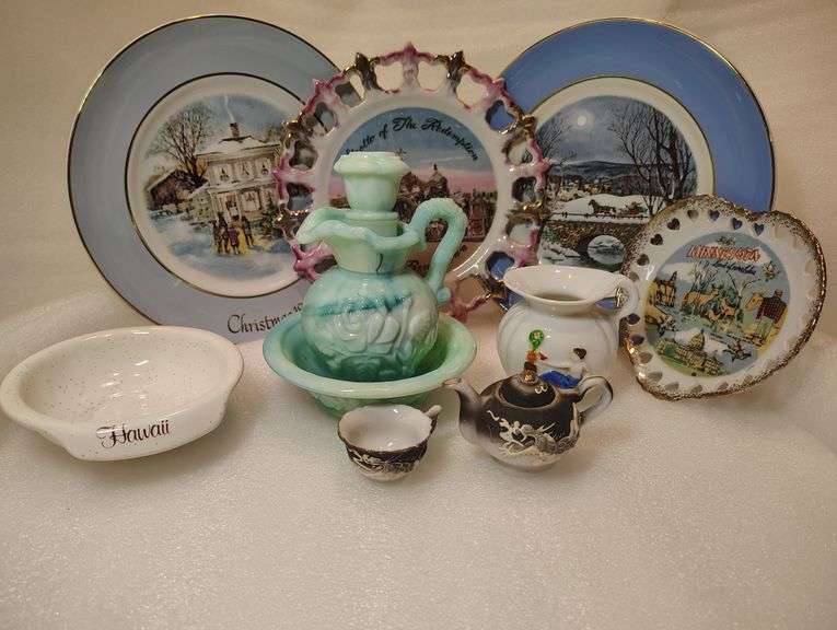 Ceramic Vintage Souvenir Plates, Vintage Mini Teat Set (Japan), Avon Mint Green Pitcher and Bowl Set