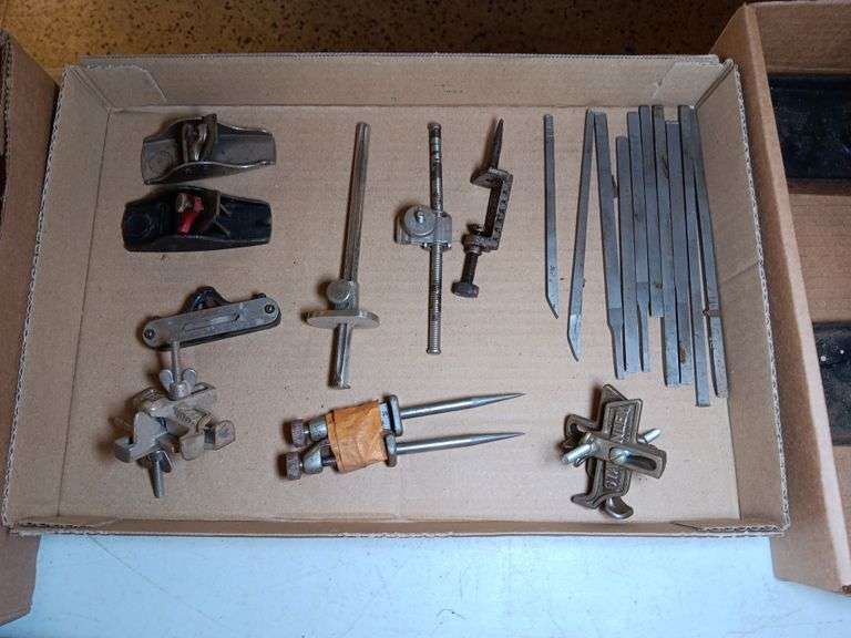 (2) Small Wood Planes, (2) Stanley Adjustable Auger Bit Gauges, Woodworking Tools and Other Items