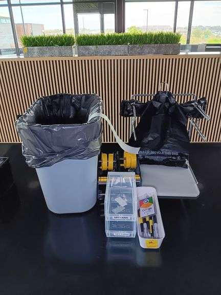 Trashcan, Storage Containers, Label Rollers, and Plastic Bag Holder