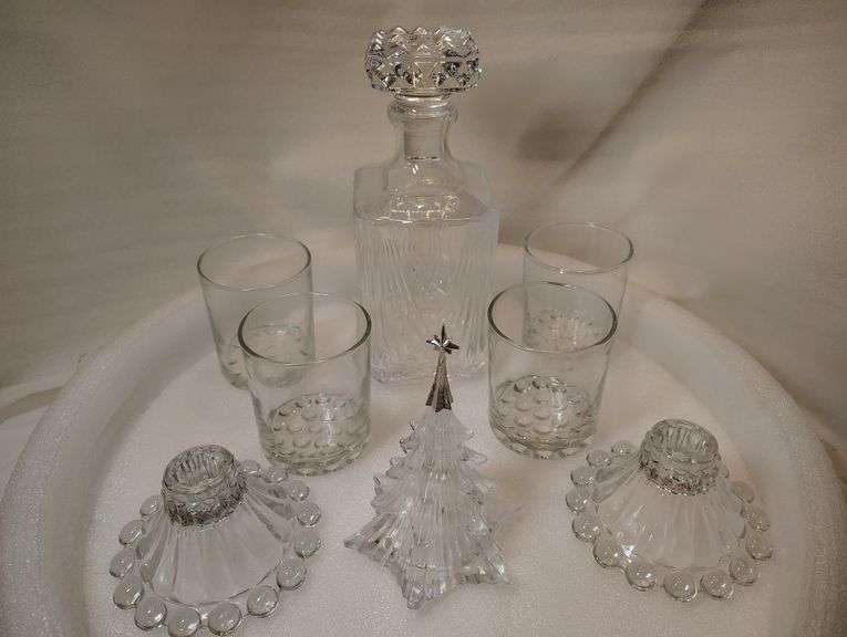 Glassware (S top), Square Bottle Whiskey Decanter (Square Top) 4 Bubble Candle Holders, Avon Christm