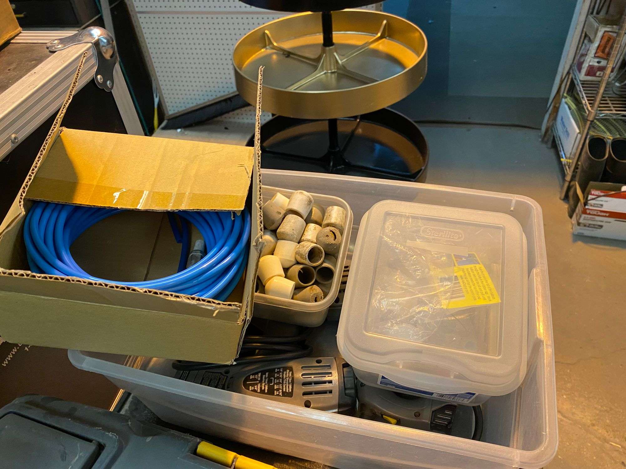 Rolling Cart, Empty Tool Box, 2 Staple Guns, Box of Chair Feet