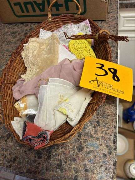 Basket of assorted handkerchiefs.
