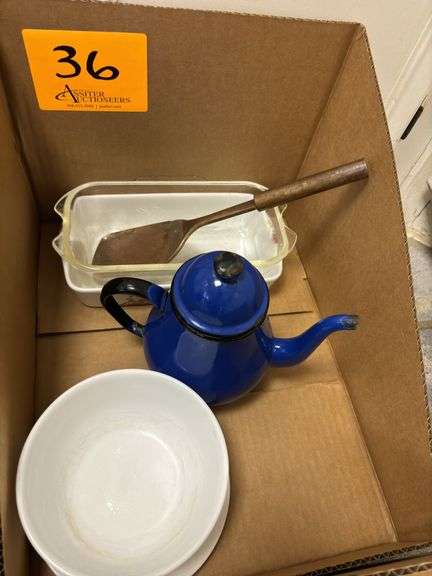Teapot, bowls, glassware, and spatula.