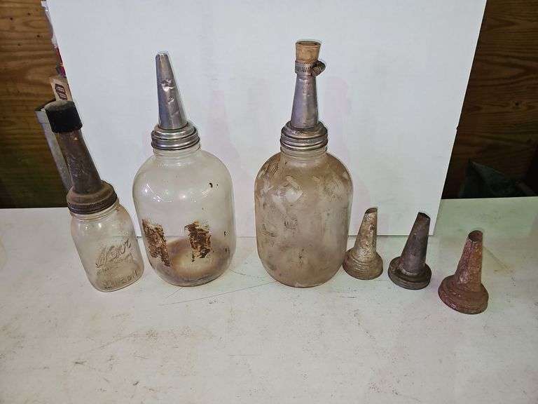 (4) Antique Glass Oil Bottles & (3) Spouts,