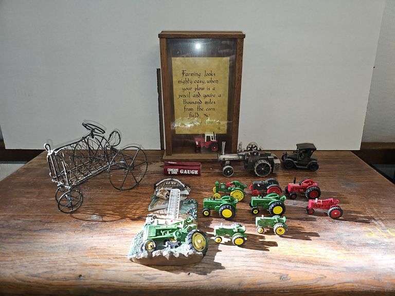 Wire Desk Decor Tractor, (9) Miniature Toy Tractors, Hangable Wall Quote Decoration, Massey-Ferguson