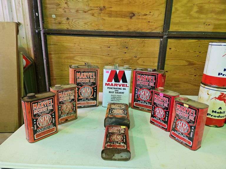 (12) MARVEL Mystery Oil (3) 1 gallon (1 has oil), (7) Quart (2 have oil), (1) Pint Lubricant Cans, (
