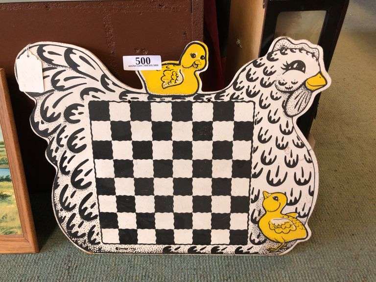 Vintage Wood Chicken Checker Board 22" x 17"