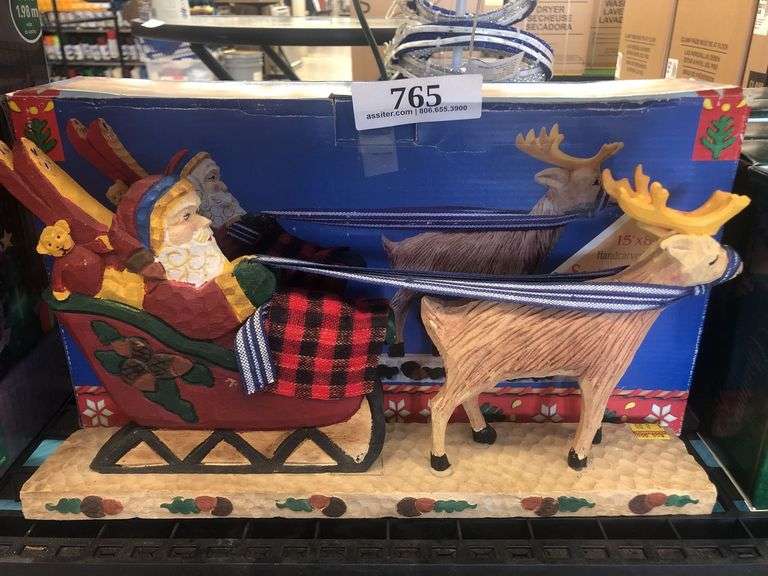 (2) 15" x 8" Hand Carved Wood Santa & Reindeer Sleigh