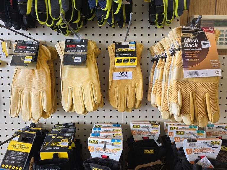 (8) Pairs True Grip Gloves Leather sz. M, L, XL w/(9) Hand Master Leather sz. M