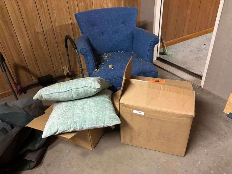 Chair, pillows, clothing, bags misc