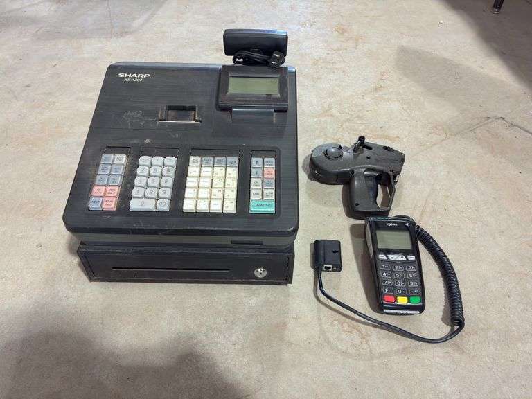 Sharp XE-A207 Cash Register, Ingenico Credit Card Reader, and Office Depot Price Gun
