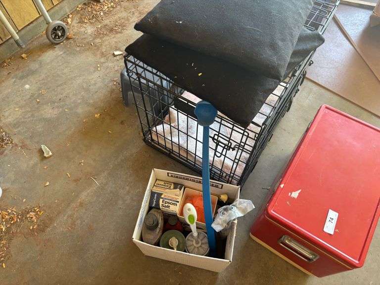 Dog crate, pillows, cooler, cleaning misc