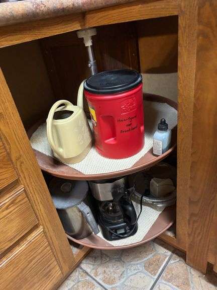 Coffee maker, empty containers, tea pots, misc.