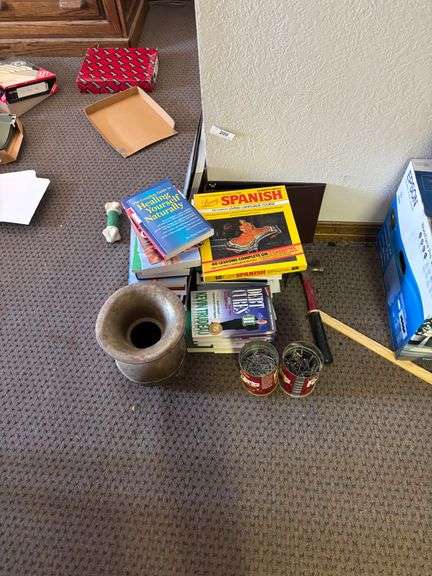 Misc books, jar, hammer, misc nails
