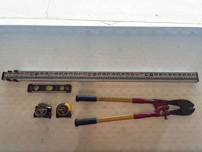 Measuring Stick, (2) 16’ Tape Measures, Level, and Bolt Cutters