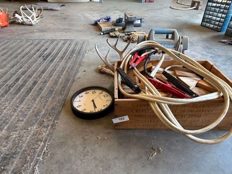 Antlers, clock, crate, wood, power cords