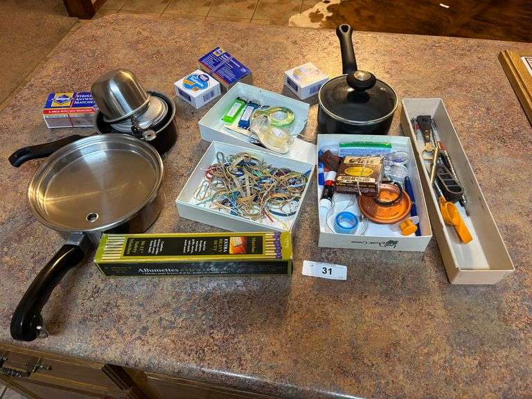 scissors, rubber bands, matches, pots ect