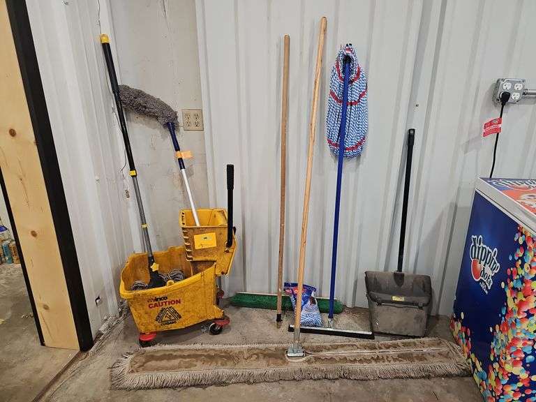 Assorted Cleaning Tools - Mop, Bucket, Dust Mop