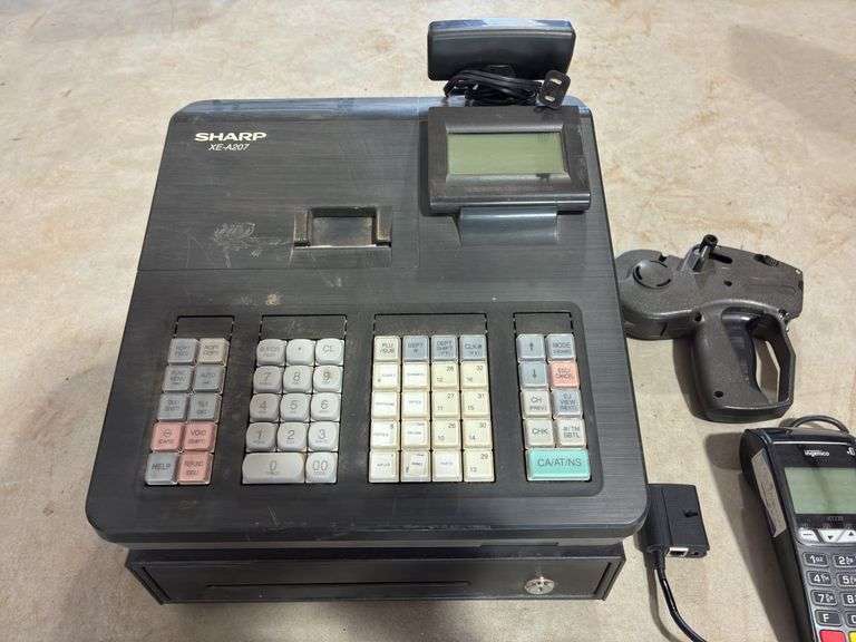 Sharp XE-A207 Cash Register, Ingenico Credit Card Reader, and Office Depot Price Gun