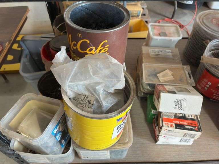 Cans and Buckets Containing Roofing Screws, Wood Screws, Finish Nails, and Nails