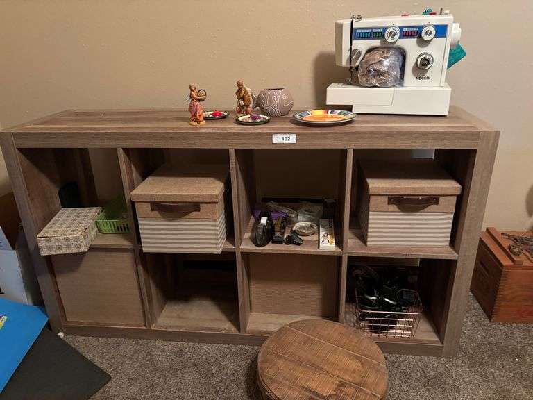 Shelfs, sowing machine misc decore, matching crates misc cords