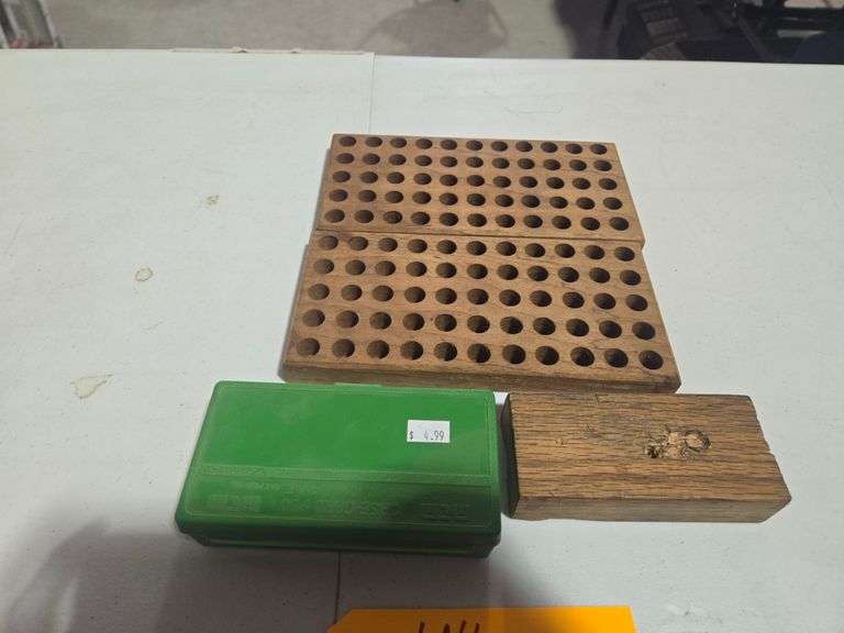 (2) Wooden Ammo Holders and (1) Plastic Ammo Case