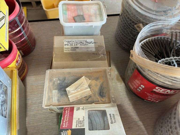 Cans and Buckets Containing Roofing Screws, Wood Screws, Finish Nails, and Nails