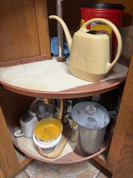 Coffee maker, empty containers, tea pots, misc.