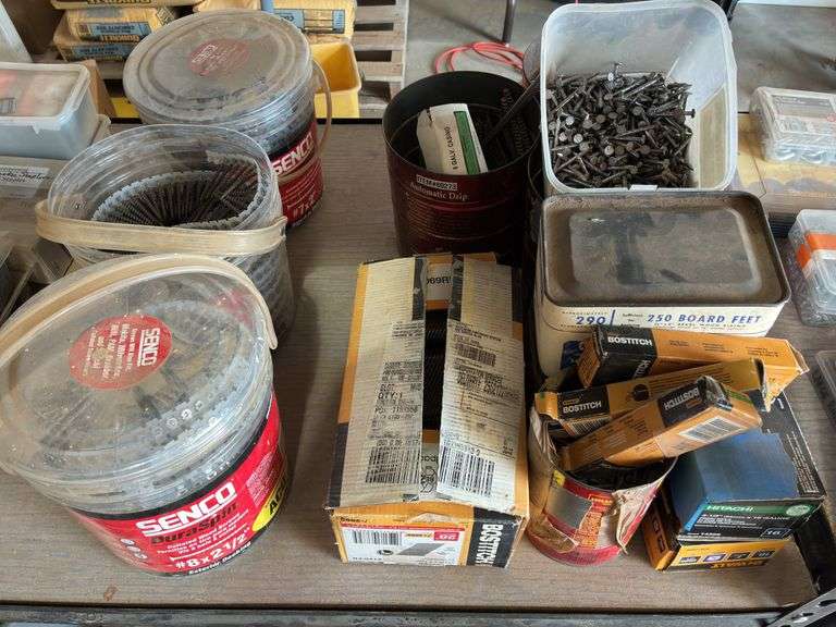 Cans and Buckets Containing Roofing Screws, Wood Screws, Finish Nails, and Nails