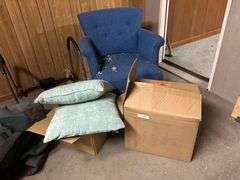 Chair, pillows, clothing, bags misc