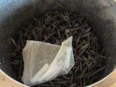 Cans and Buckets Containing Roofing Screws, Wood Screws, Finish Nails, and Nails
