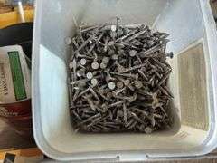 Cans and Buckets Containing Roofing Screws, Wood Screws, Finish Nails, and Nails