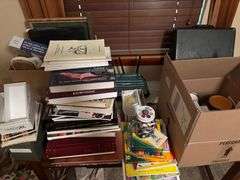 Empty boxes , books, coloring with books , jars, buttons, table, net gear router misc
