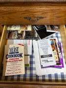 Mits, clothes, bins, aprons, towels, cookbooks misc