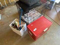 Dog crate, pillows, cooler, cleaning misc