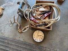 Antlers, clock, crate, wood, power cords