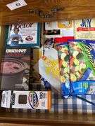 Mits, clothes, bins, aprons, towels, cookbooks misc