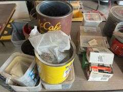 Cans and Buckets Containing Roofing Screws, Wood Screws, Finish Nails, and Nails