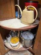 Coffee maker, empty containers, tea pots, misc.