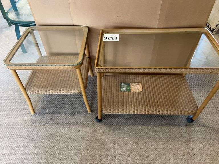 (2) glass top wicker tables - side table and coffee table