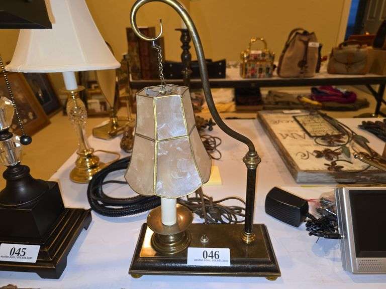 Vintage Brass and Leather Lmap 15" w/ Capiz Shell Lamp Shade - Assiter ...