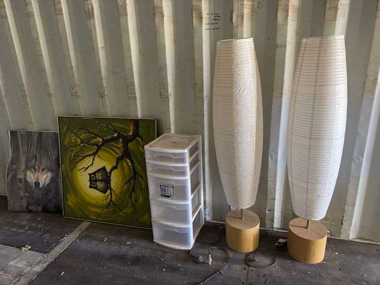 (2) Paper Floor Lamps, 5-Drawer Plastic Organizer & (2) Artworks