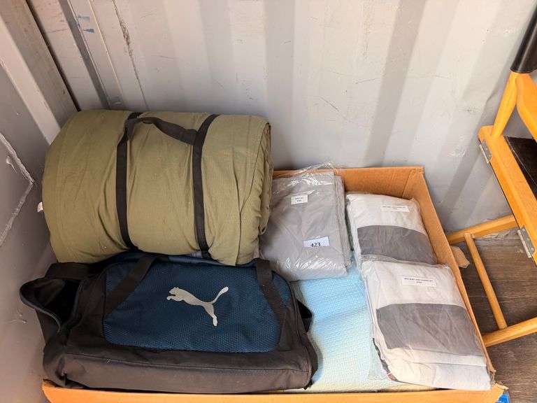 Camping Gear Lot: Sleeping Bag, Puma Duffel, Foam Pad, 3 Textiles