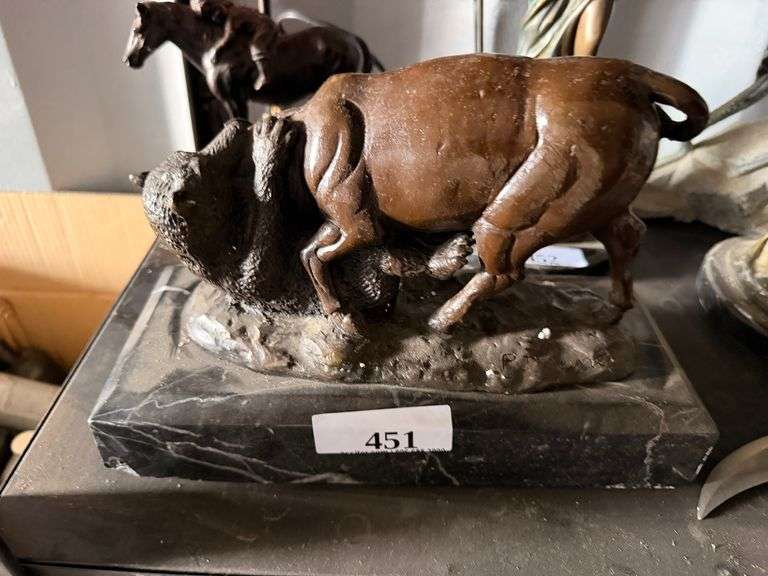 Bronze-Tone Bison and Rider Sculpture on Marble Base