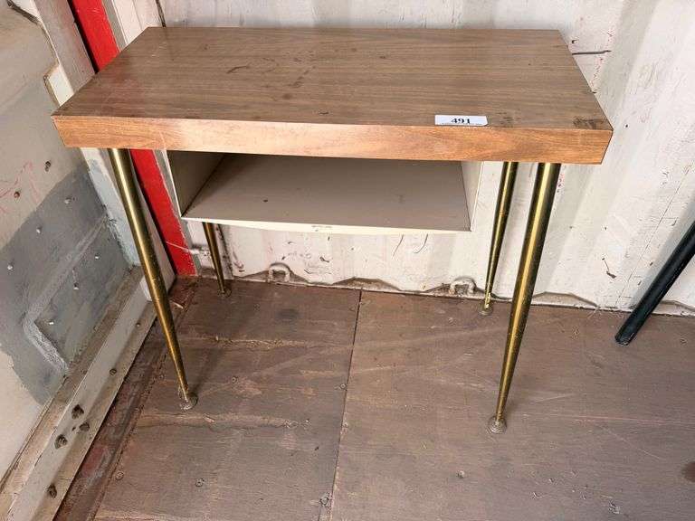 Wood-Top Side Table with Lower Shelf and Brass-Tone Legs